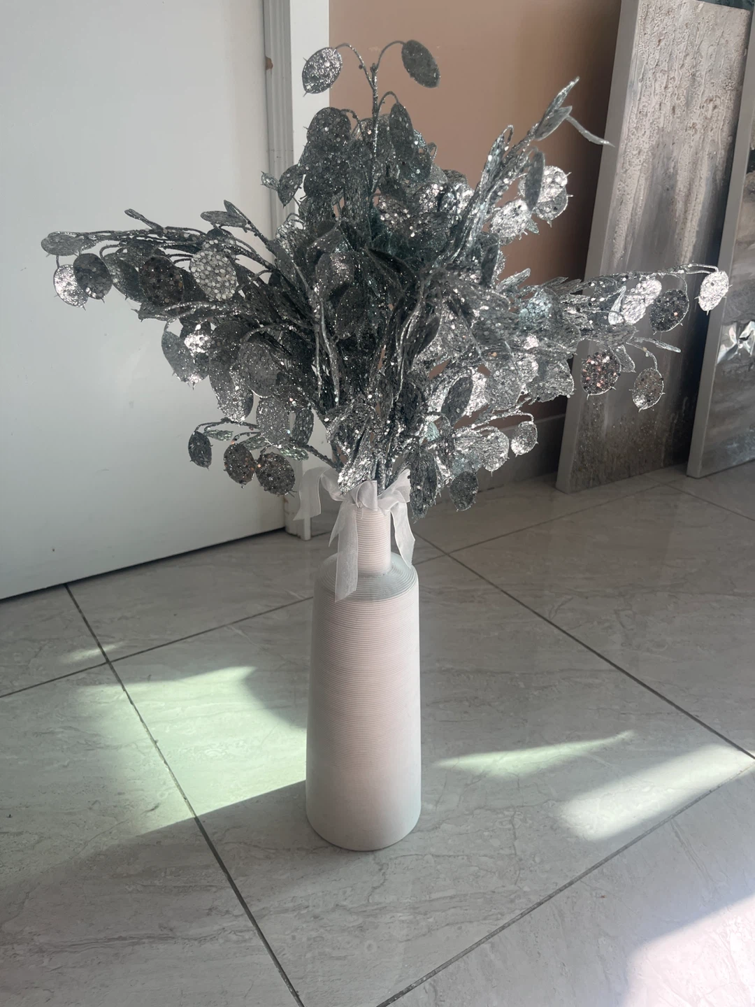 White Ribbed Vase with Silver Glitter Decorative Branches