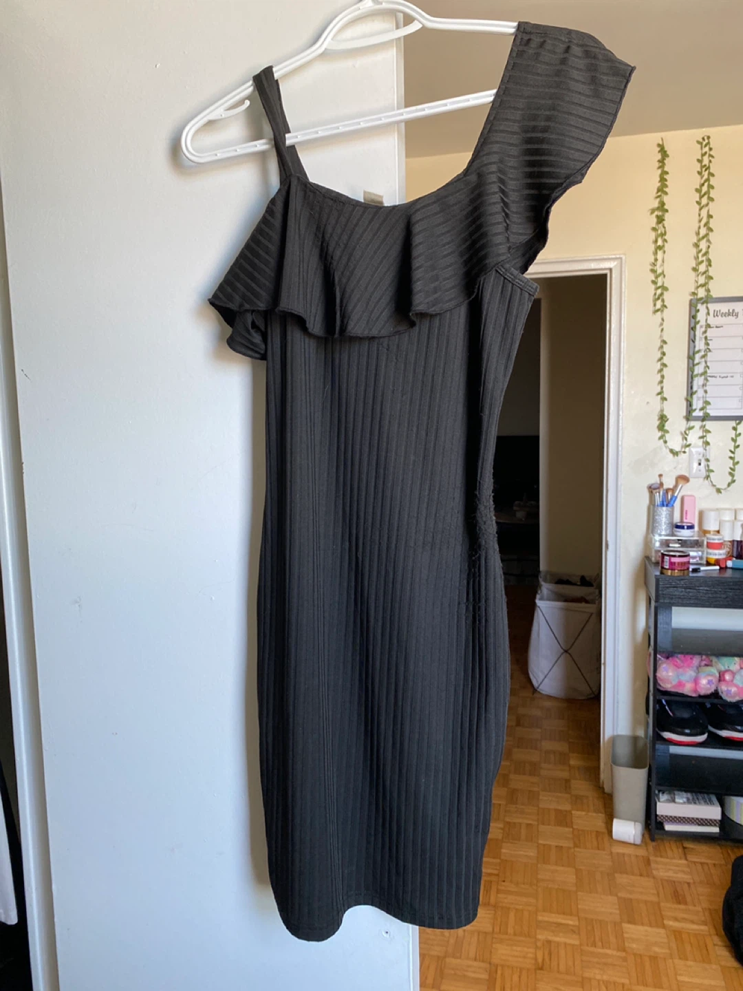 SHEIN Black Ribbed One-Shoulder Ruffle Dress Teen Size 14Y