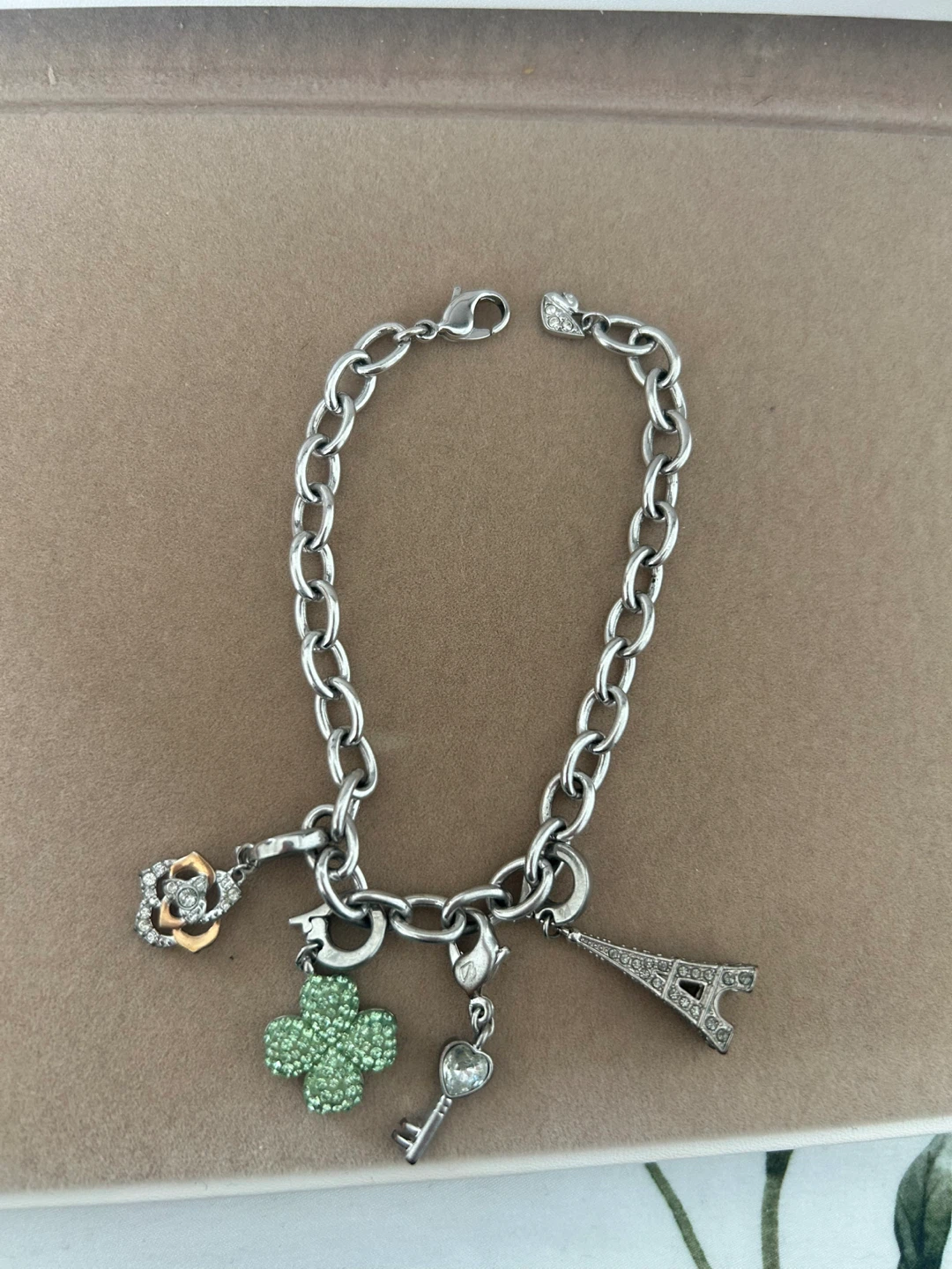 Swarovski Charm Bracelet with Eiffel Tower, Clover, and Key