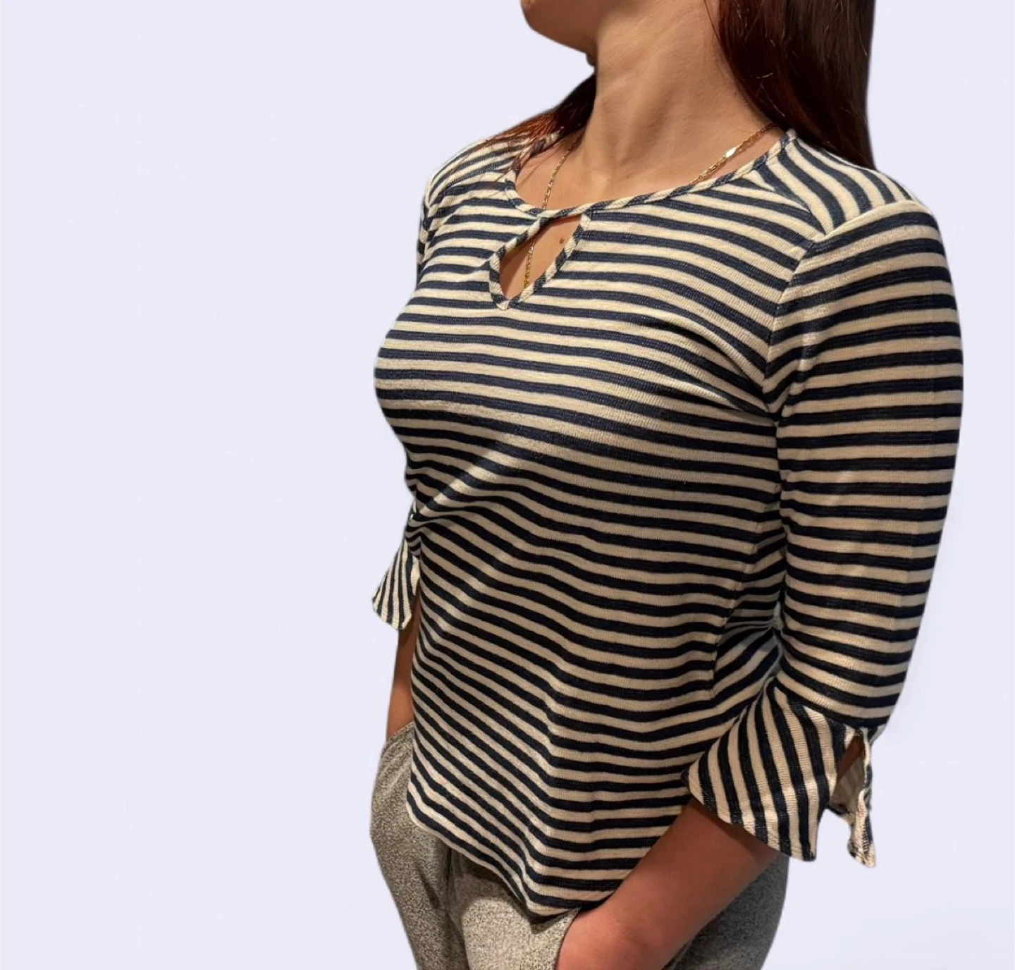 White and Navy Striped Bell Sleeve Top