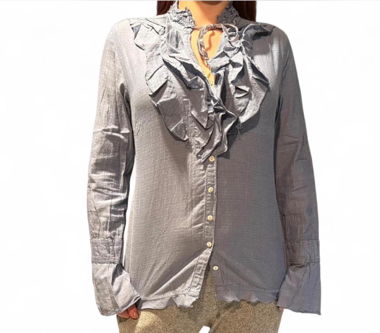 Gray Ruffled Button-Up Blouse - photo 2