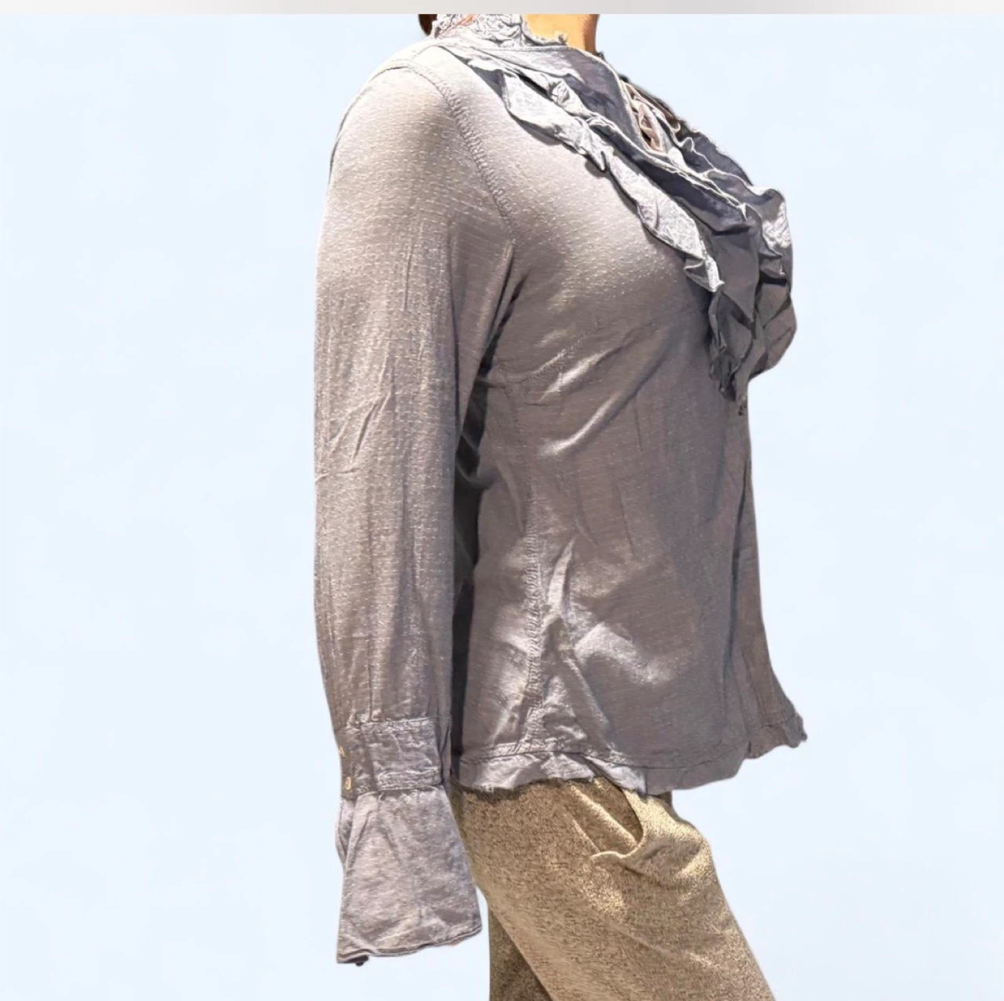 Gray Ruffled Button-Up Blouse - photo 4