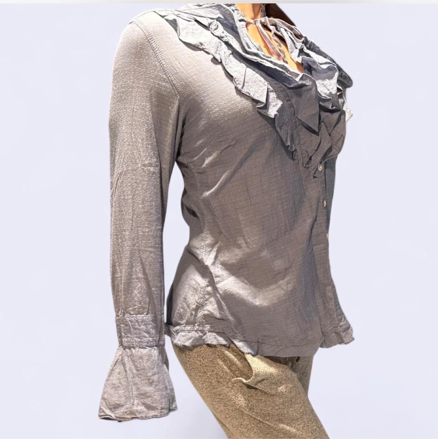 Gray Ruffled Button-Up Blouse