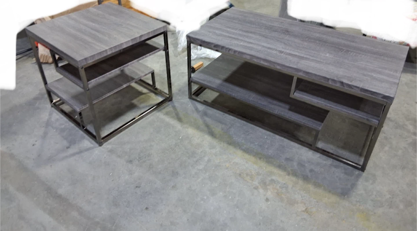 Set of 2 Modern Grey Wood and Metal End Table and Coffee Table