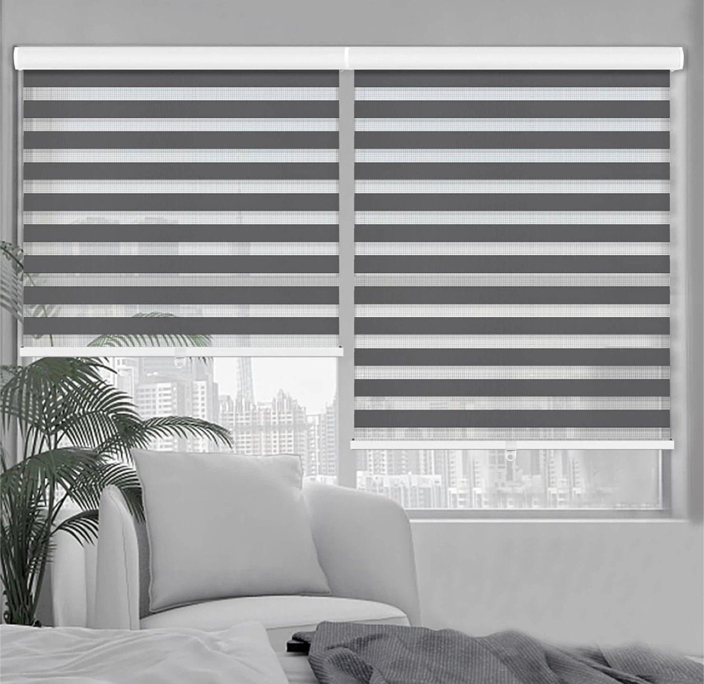 NEW Cordless Zebra Blind, 54” W x 72” H, Dark Grey