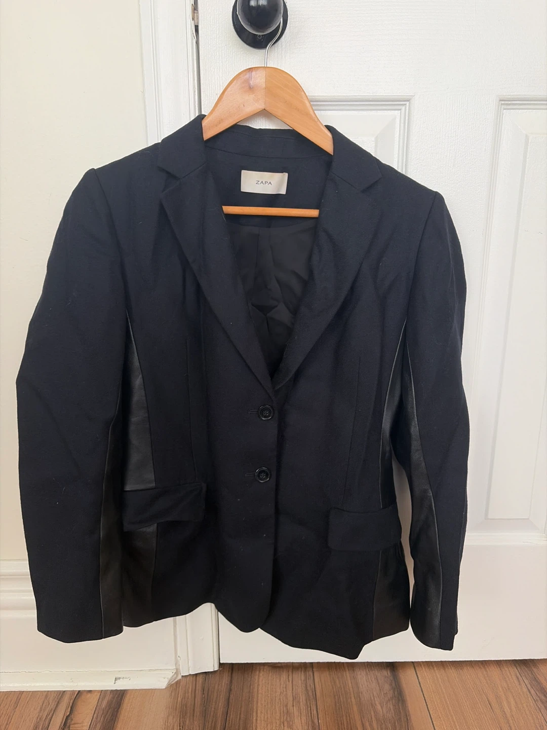 ZAPA Black Wool Blend Blazer with Faux Leather Accents - Size 40