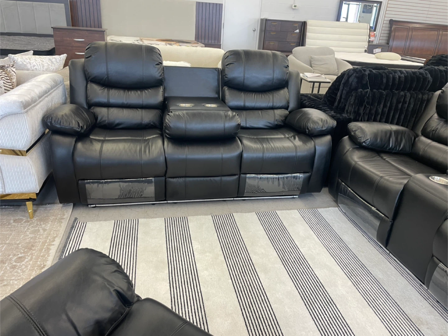 Black Leather Reclining Loveseat with Cup Holders - photo 2