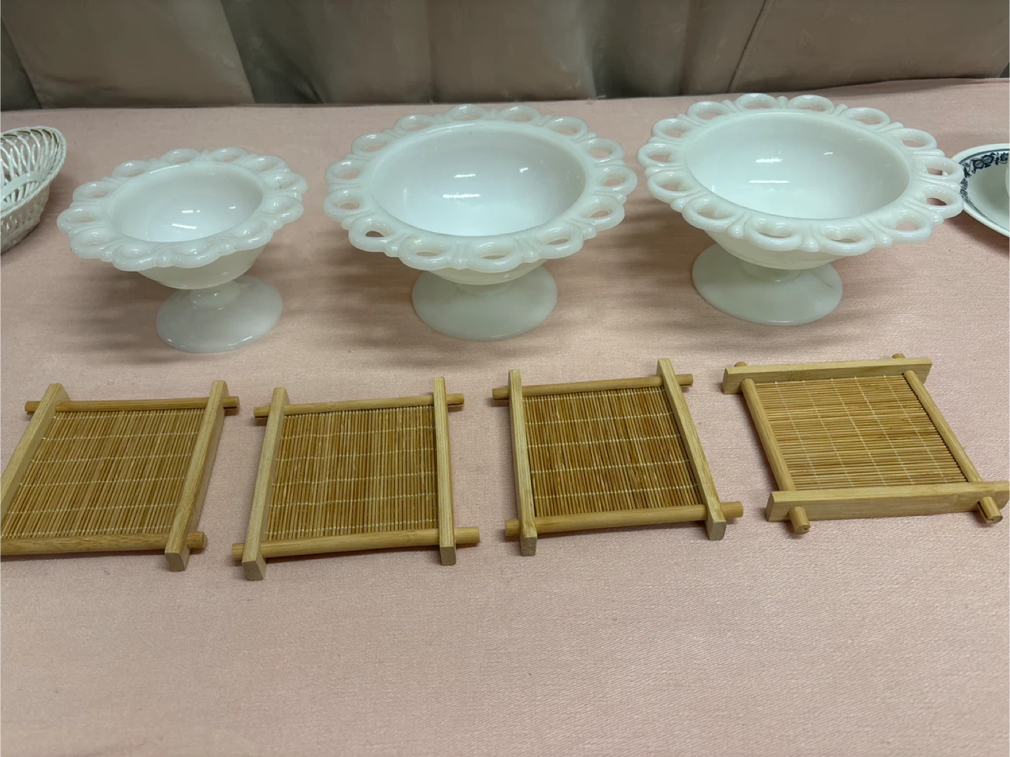 Vintage Milk Glass Dessert Bowls with Lace Edge