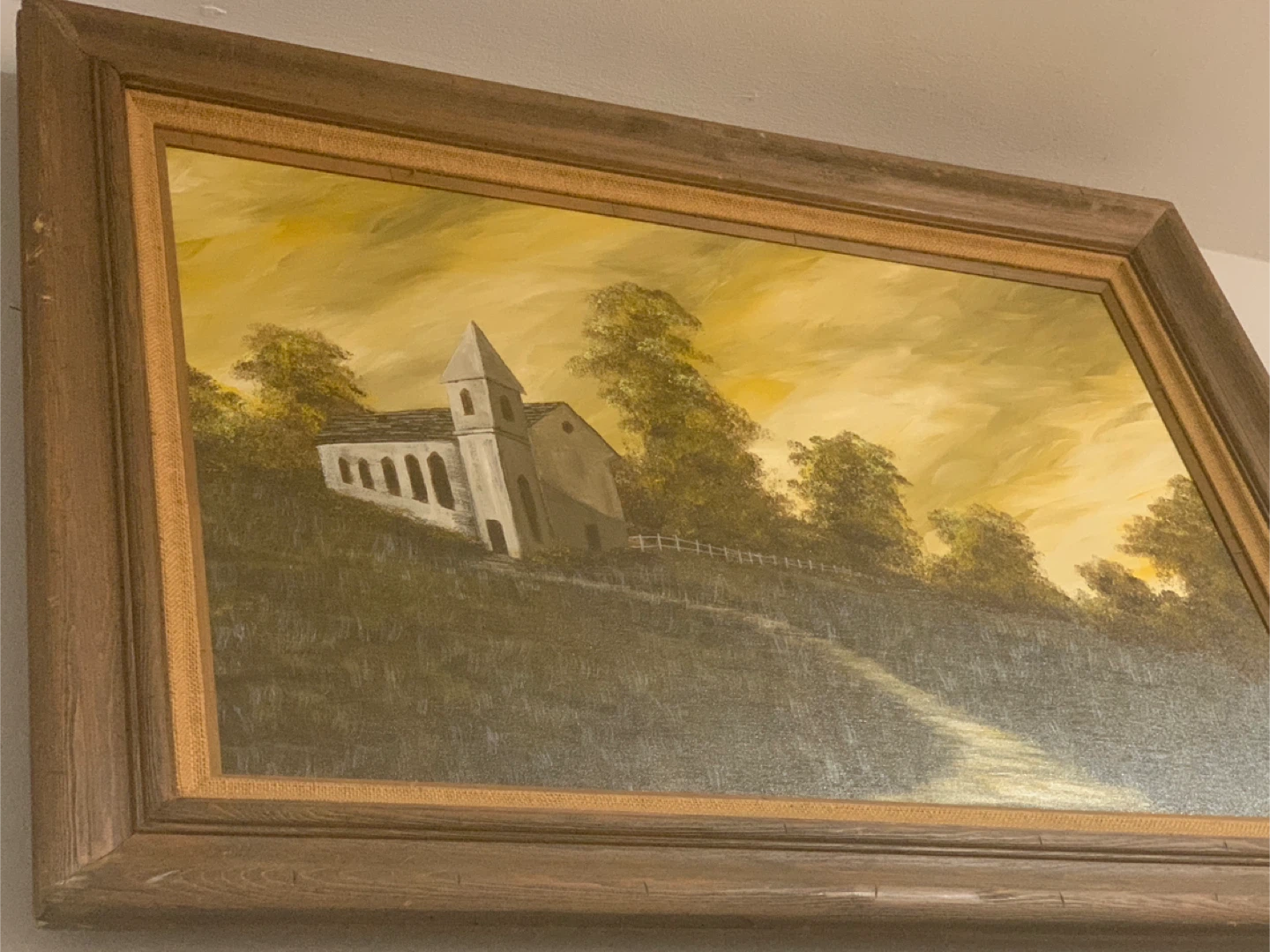 Framed original antique Painting of a Church on a Hill