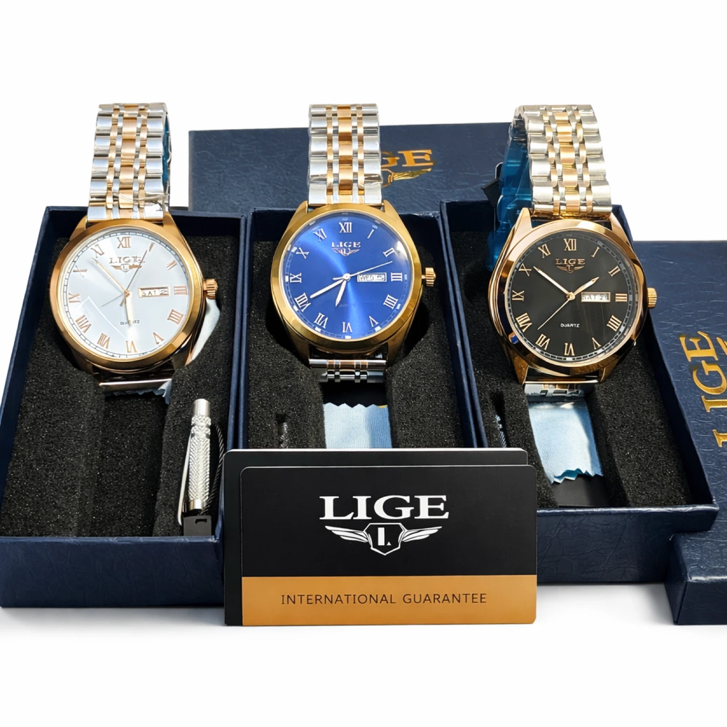 LIGE Quartz Watch Set - Gold and Silver Tones