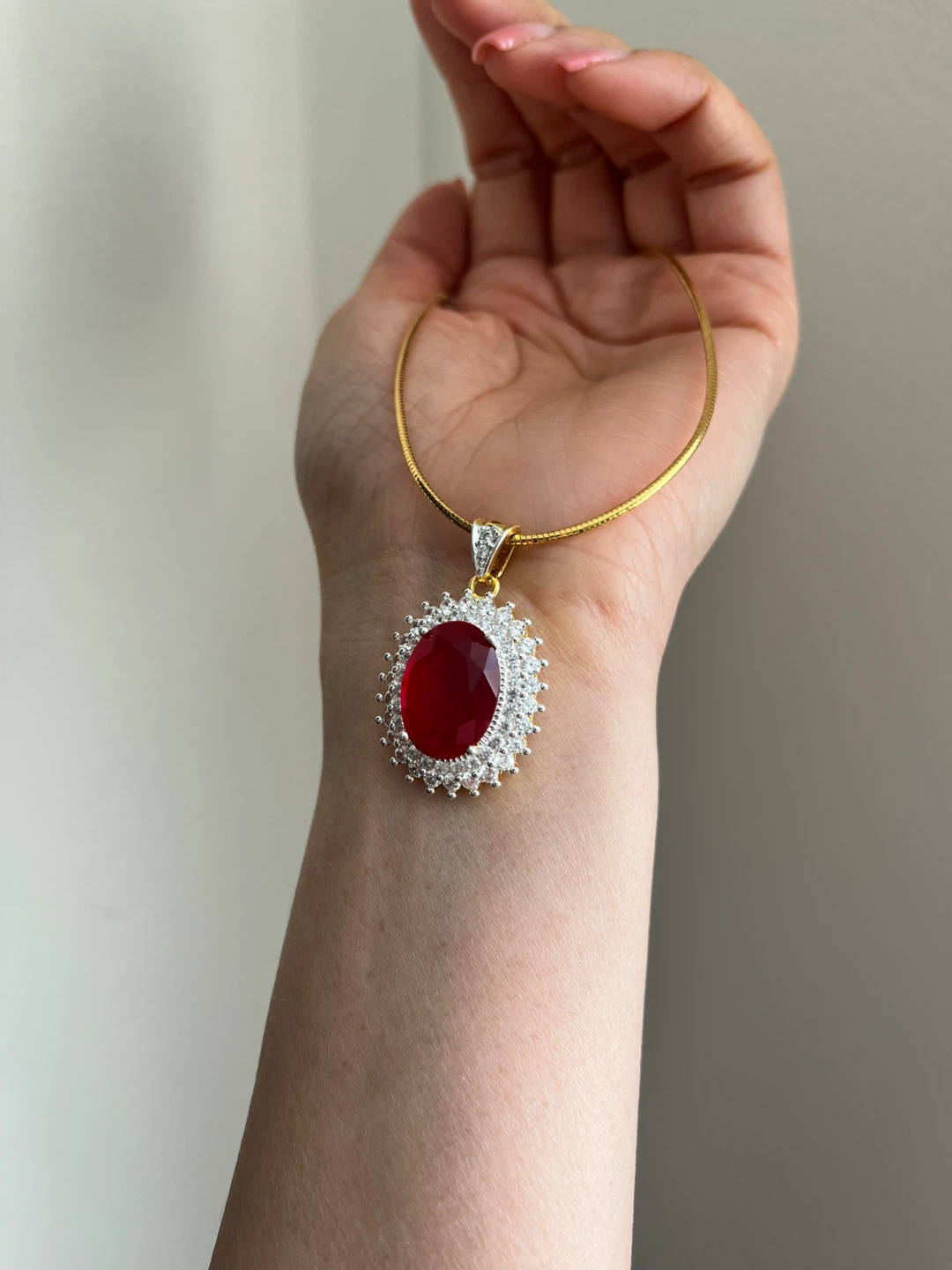 Gold Chain Necklace with Red Gem Pendant
