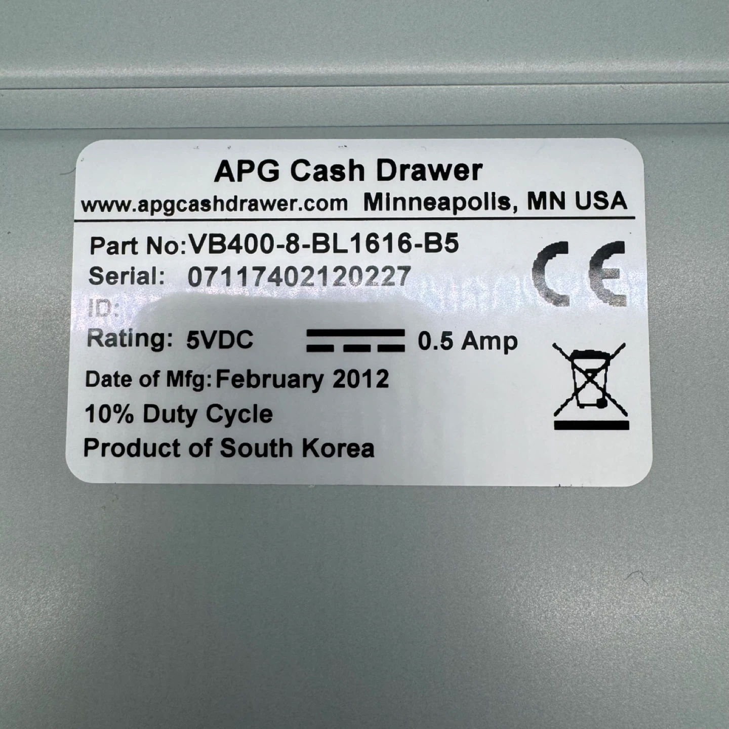 APG VB400-8-BL1616-B5 POS Cash Drawer 5VDC Register – Used - photo 5