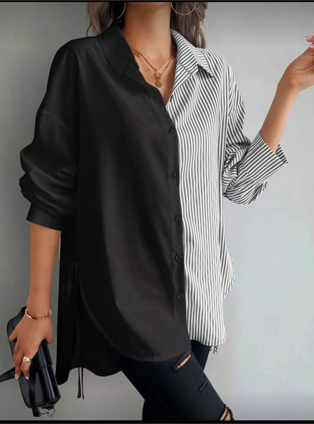 Women's Two-Tone Stripe and Black Long Sleeve Button-Up Shirt
