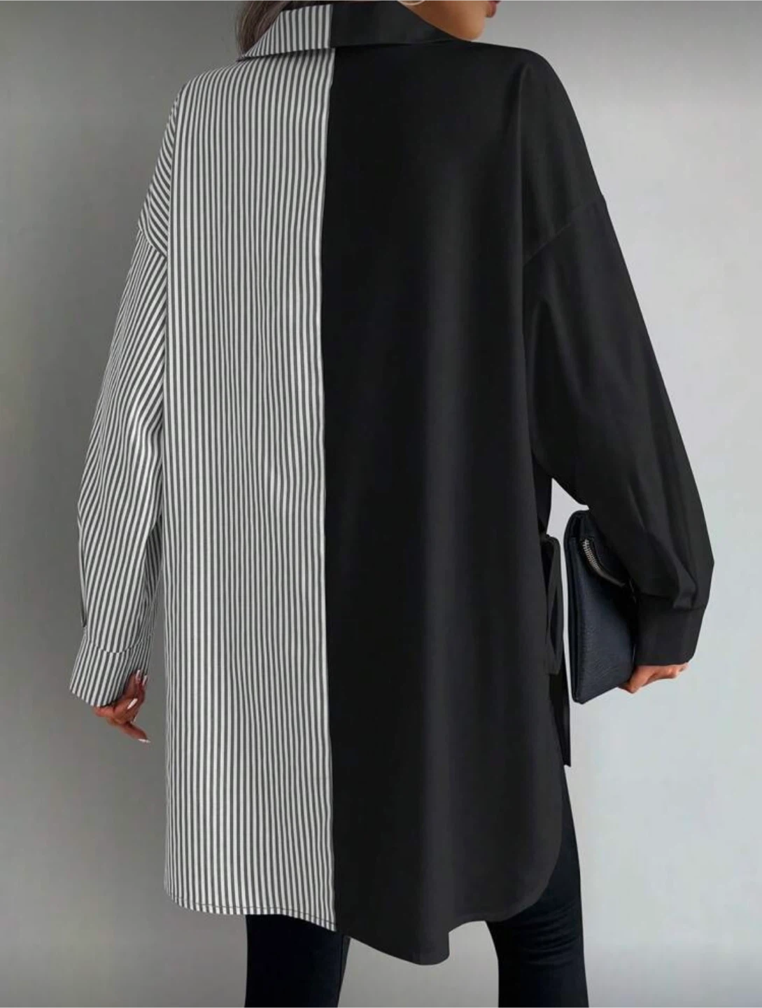 Women's Two-Tone Stripe and Black Long Sleeve Button-Up Shirt - photo 2