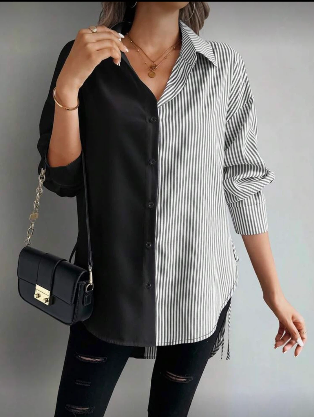 Women's Two-Tone Stripe and Black Long Sleeve Button-Up Shirt - photo 3