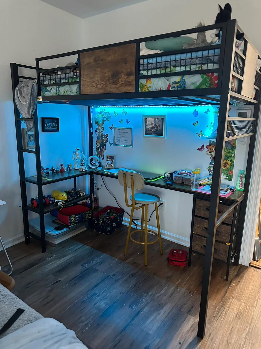 Black Metal Loft Bed with Desk and Shelves - photo 2