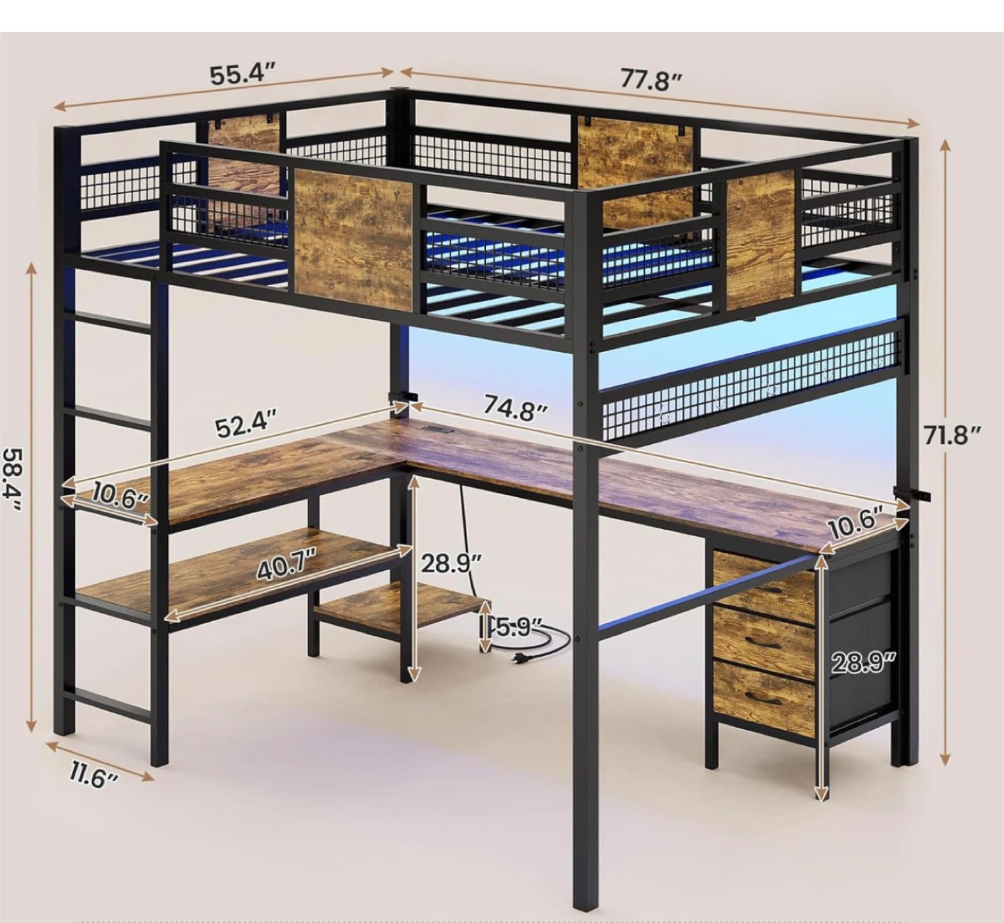 Black Metal Loft Bed with Desk and Shelves