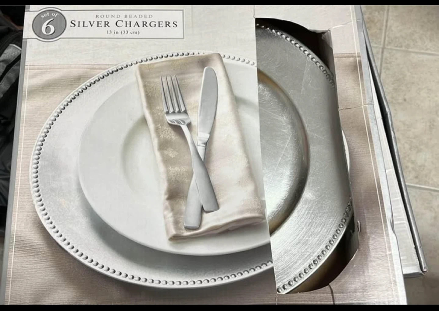 Set of 6 Round Beaded Silver Charger Plates - 13 inch