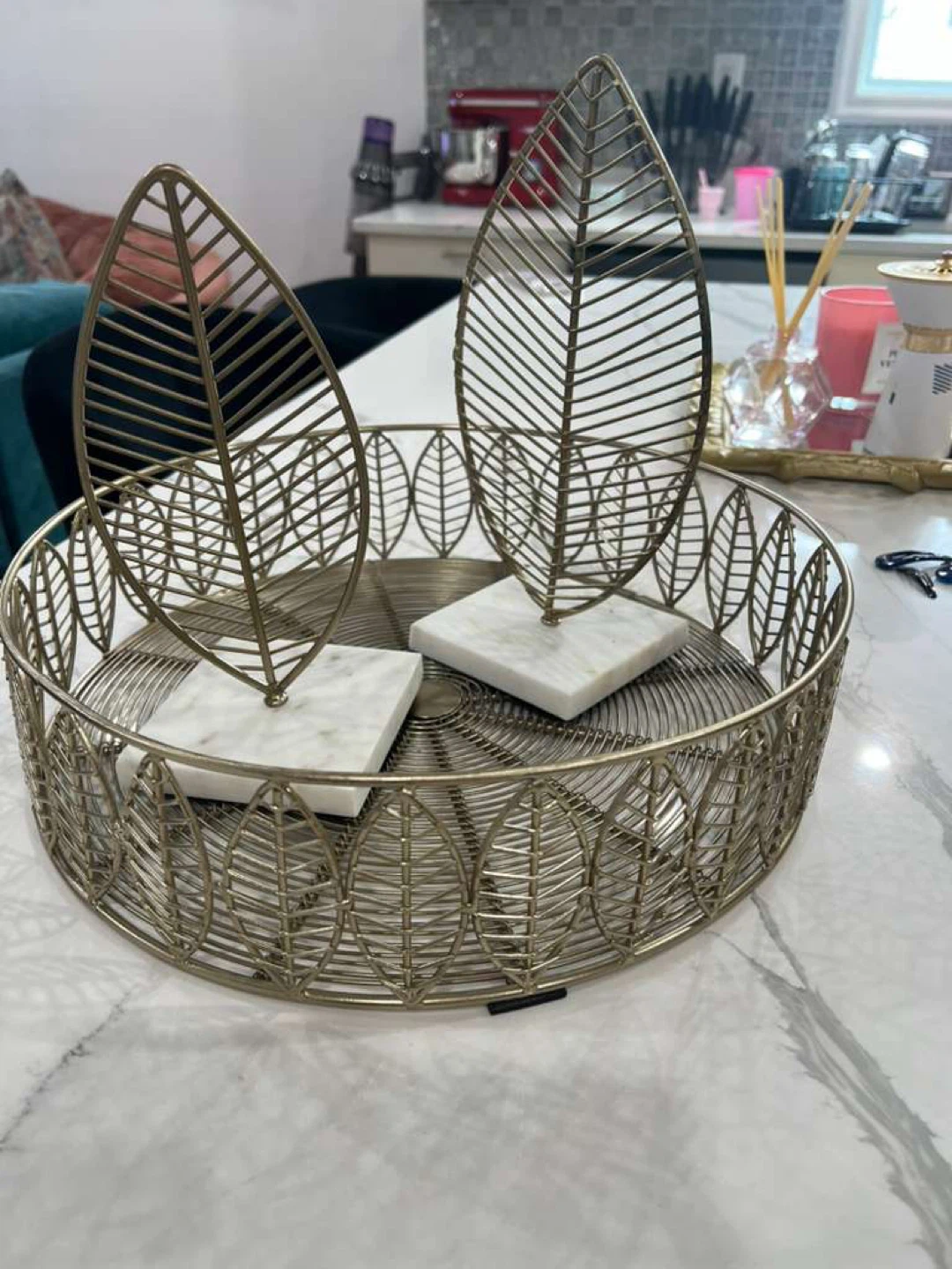 Decorative Gold Wire Basket with Marble Coasters - photo 2
