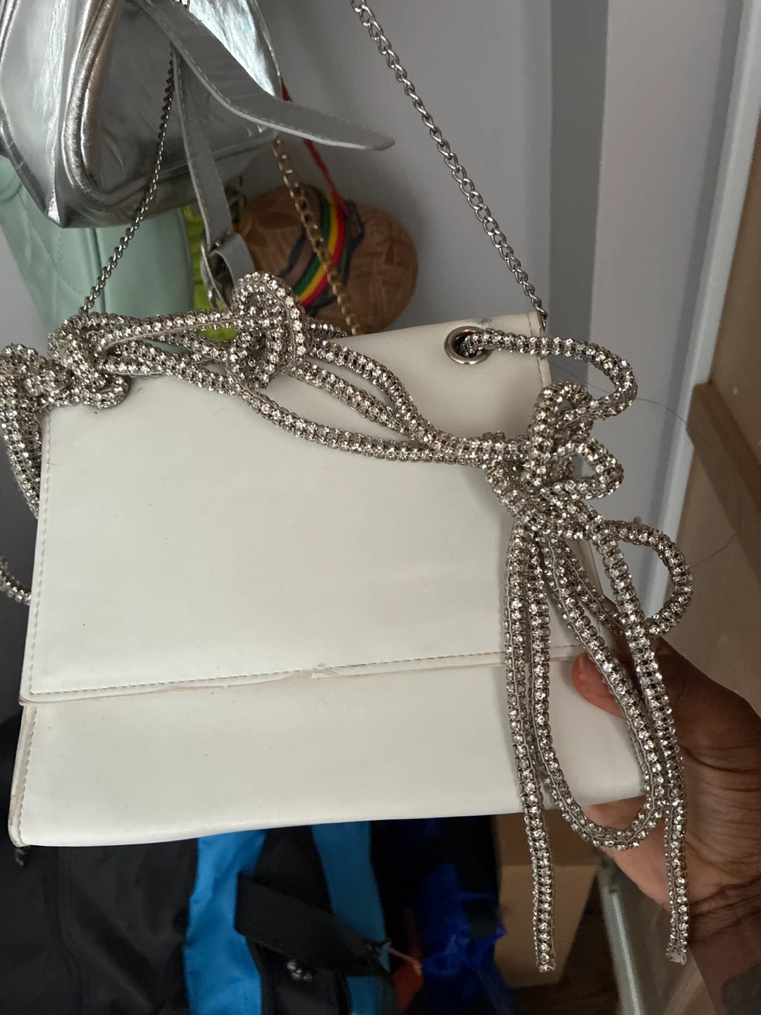 White Clutch Bag with Rhinestone Chain