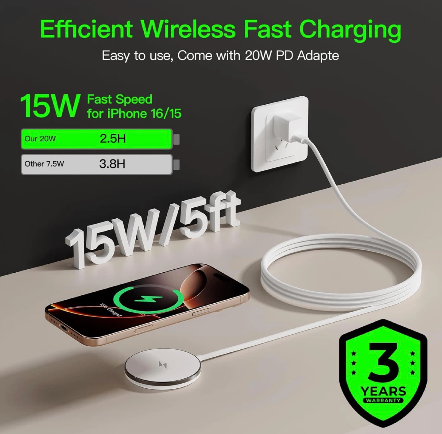 15W Wireless Magnetic Charger with 20W PD Adapter & 5ft Cable - photo 3