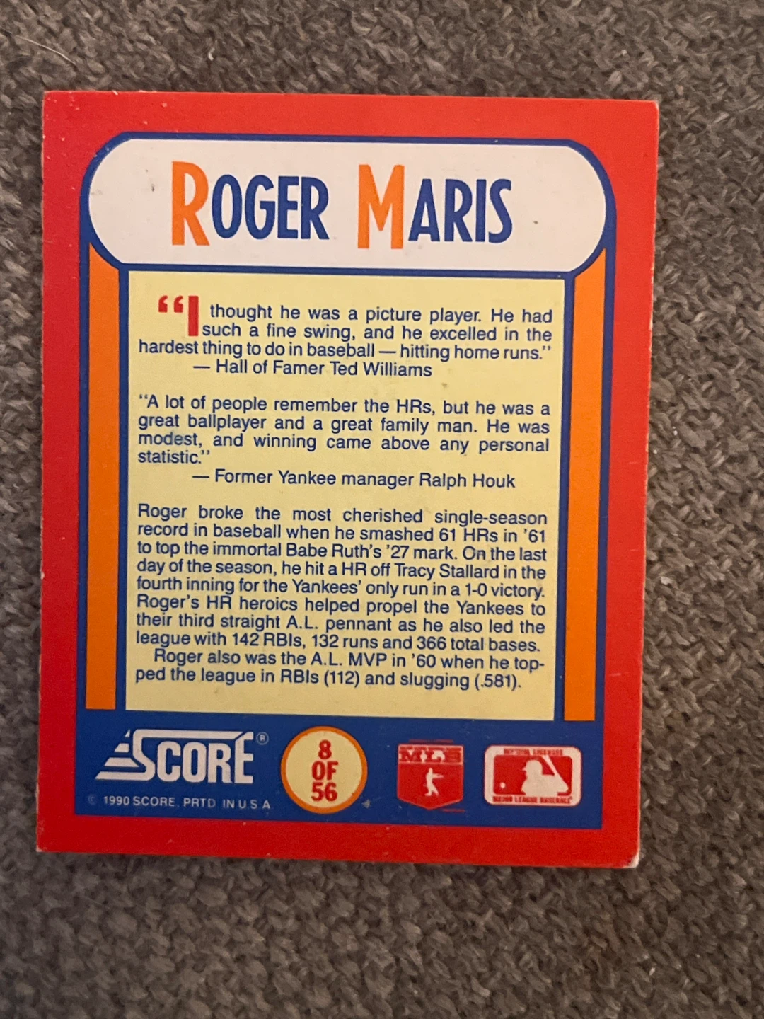 1990 Score Roger Maris Baseball Card