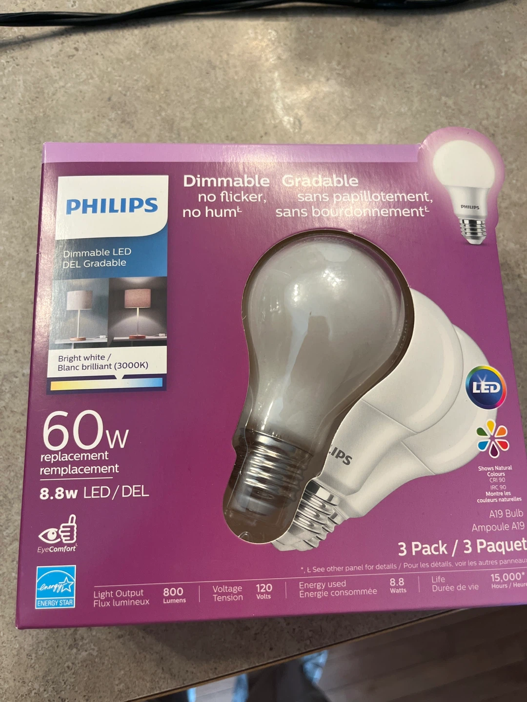 Philips Dimmable A19 LED Light Bulbs - 3 Pack