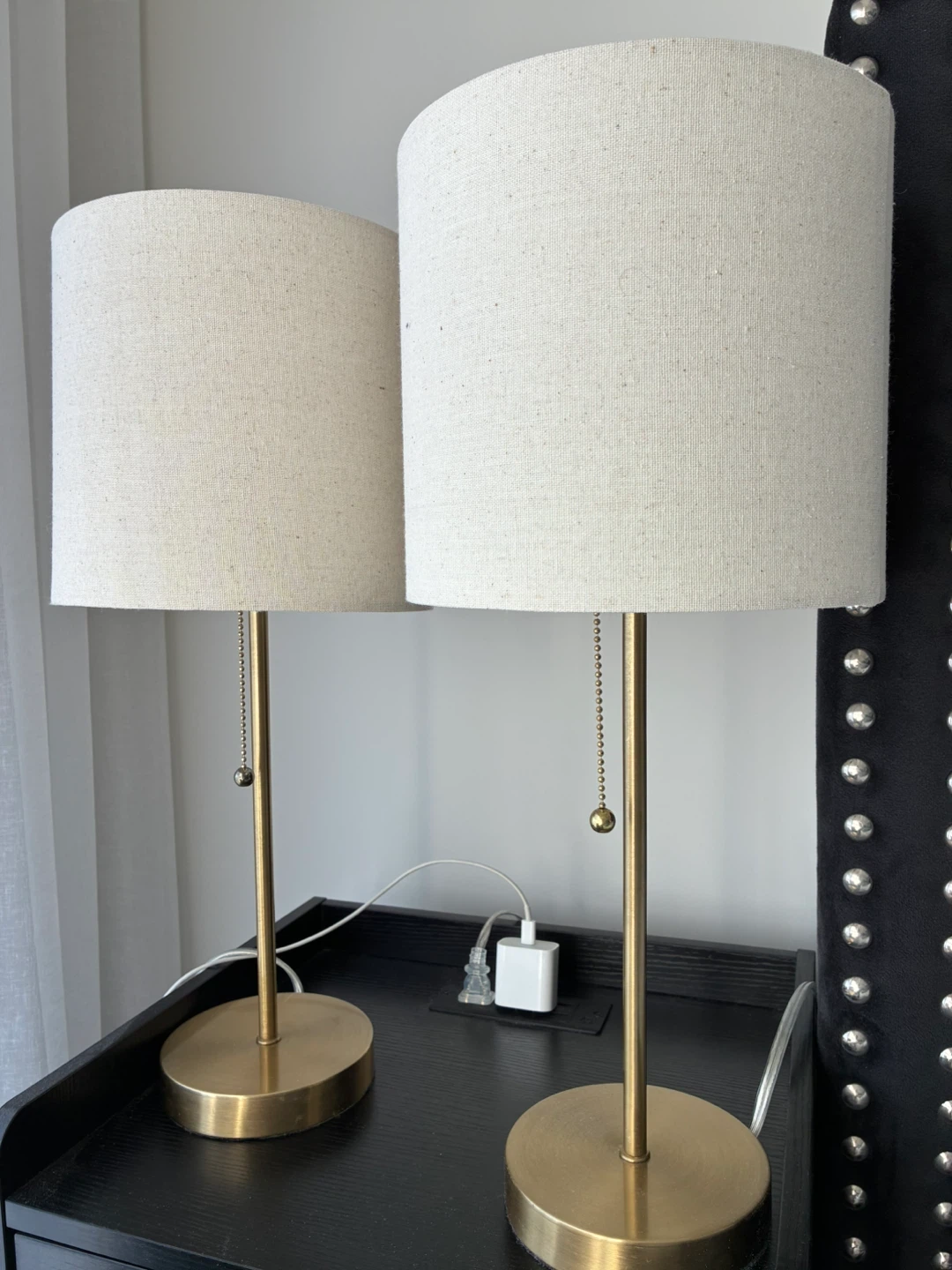 Pair of Gold Bedside Lamps with Cream Shade - photo 2