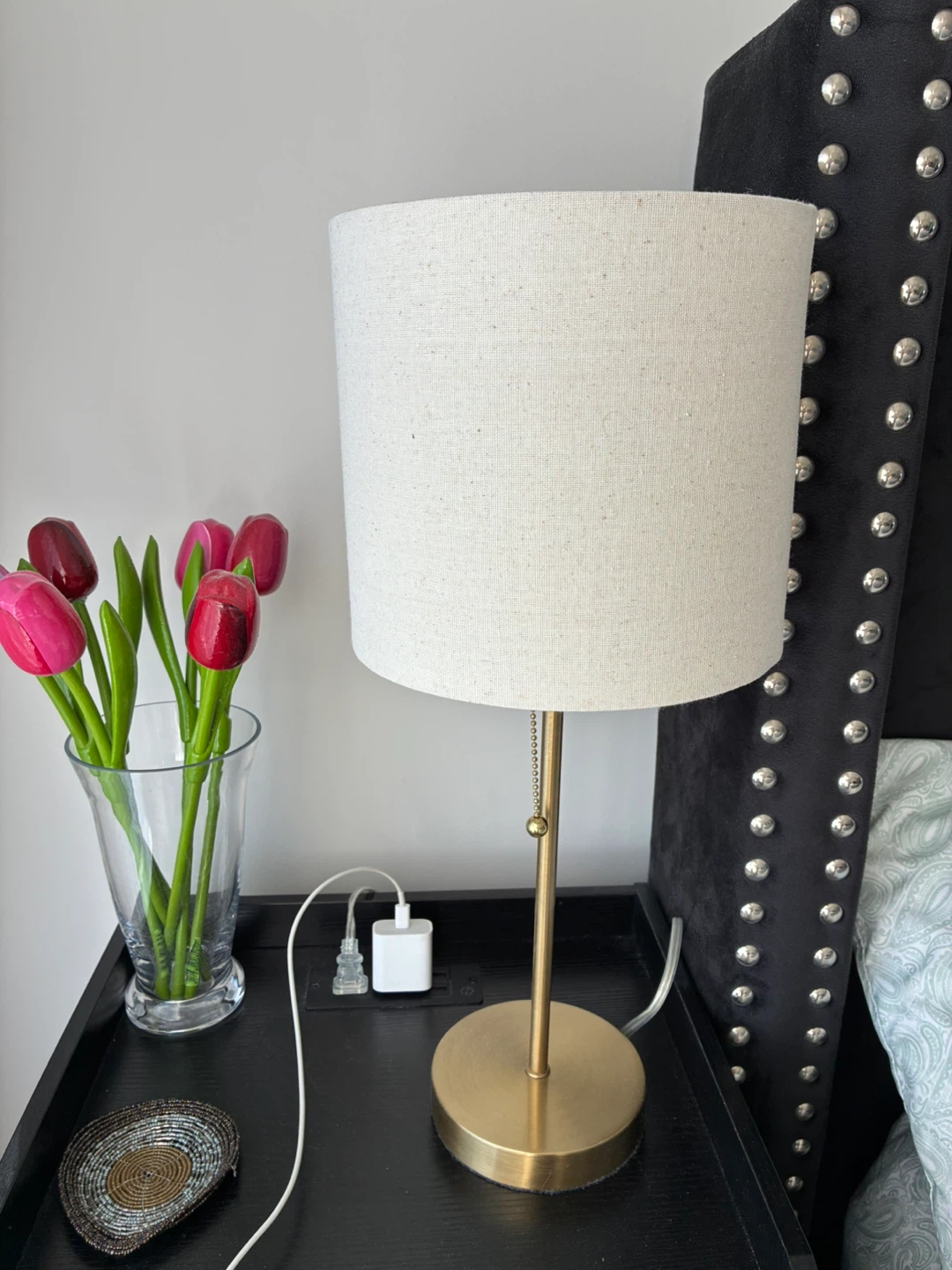 Pair of Gold Bedside Lamps with Cream Shade - photo 3