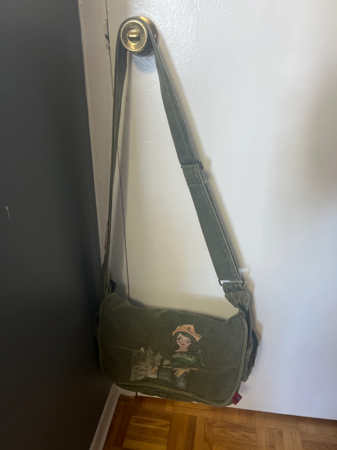 Olive Green Messenger Bag with Graphic Print