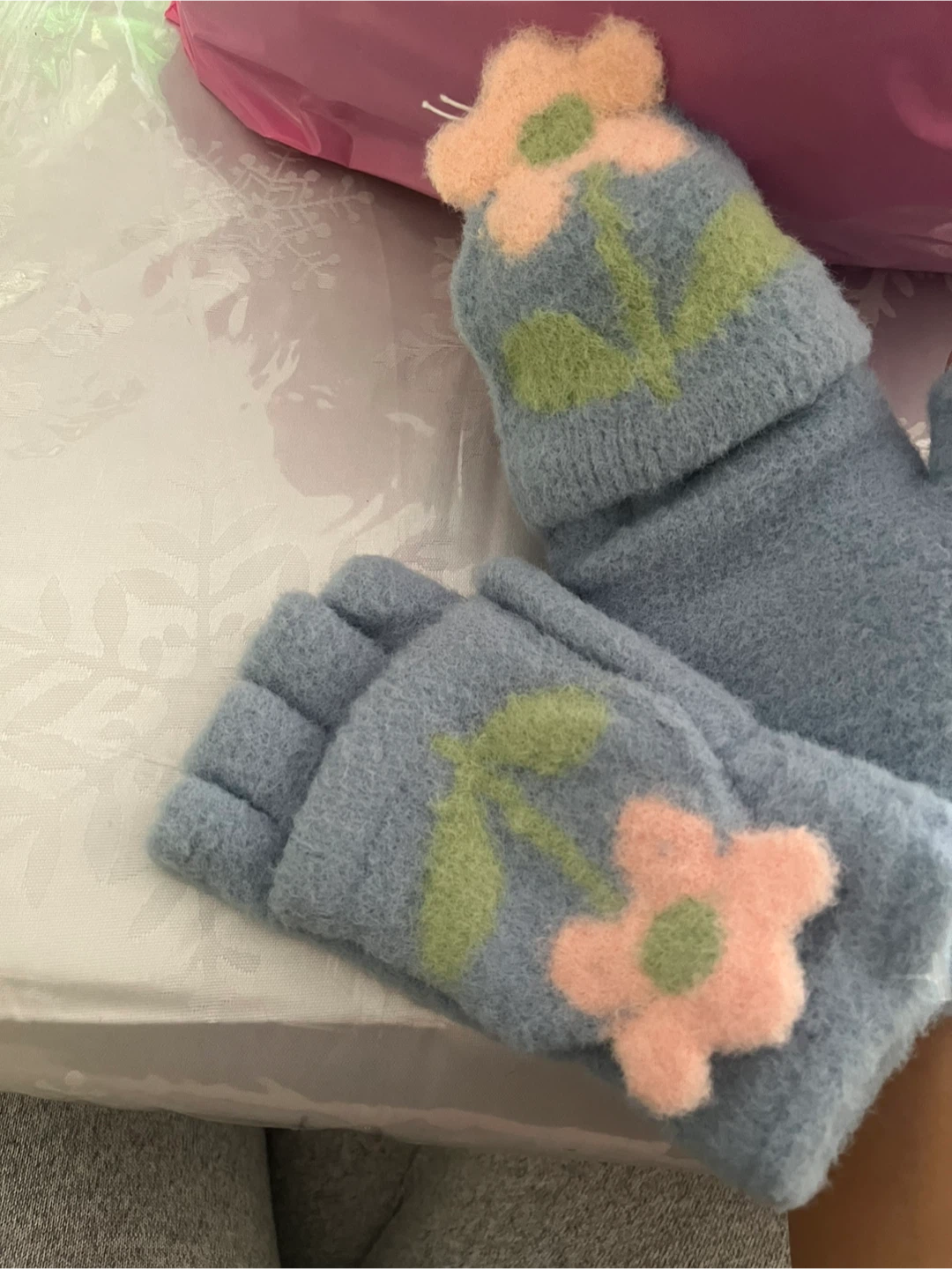 Light Blue Fingerless Gloves with Flower Applique - photo 2