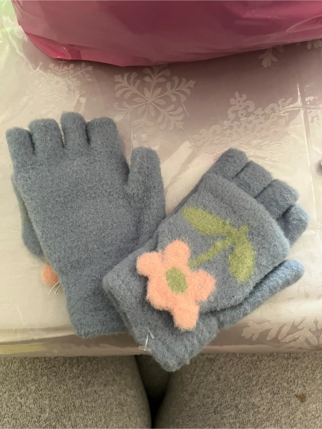 Light Blue Fingerless Gloves with Flower Applique
