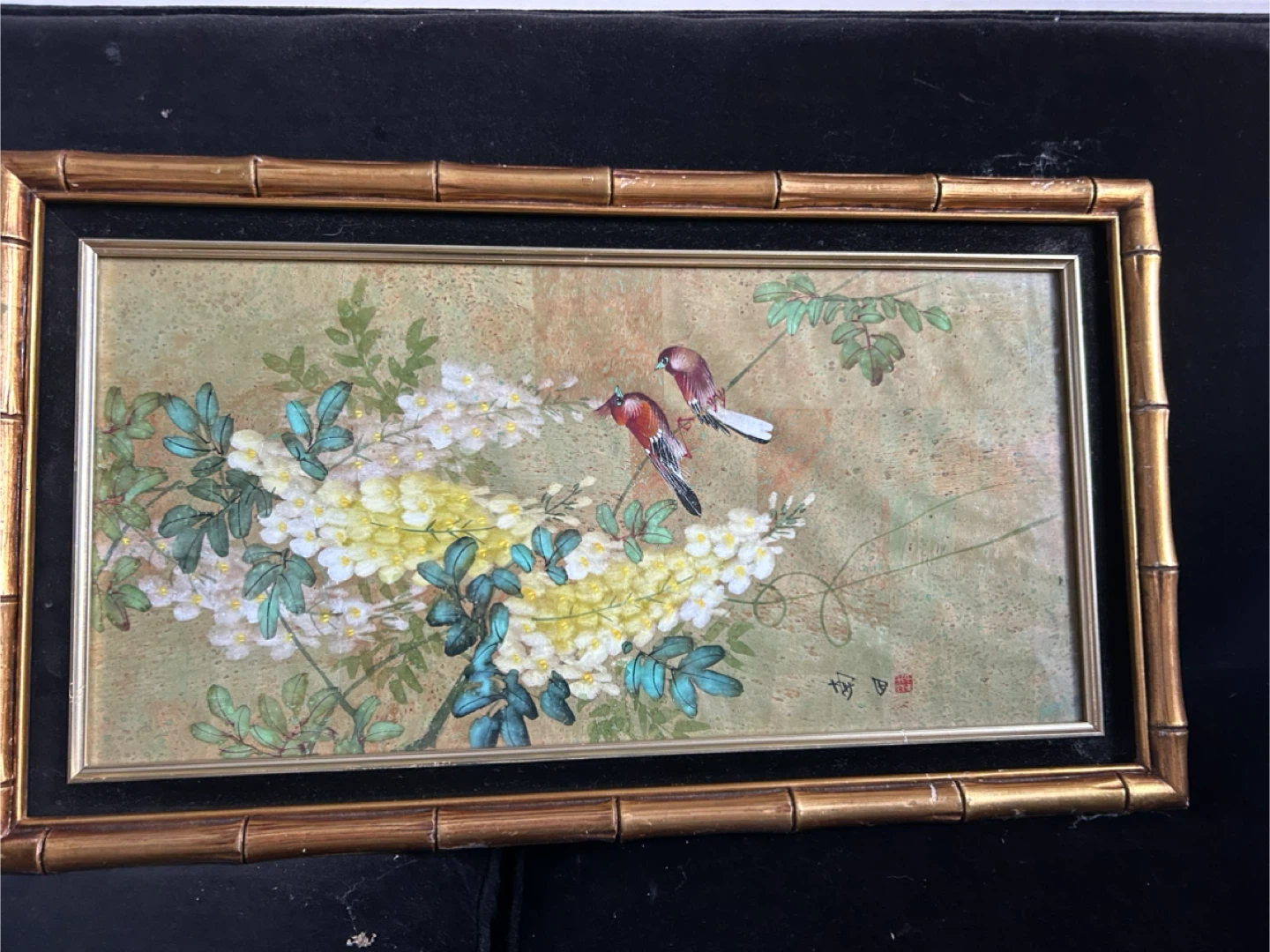 Vintage Framed Bird and Flower Painting - photo 2