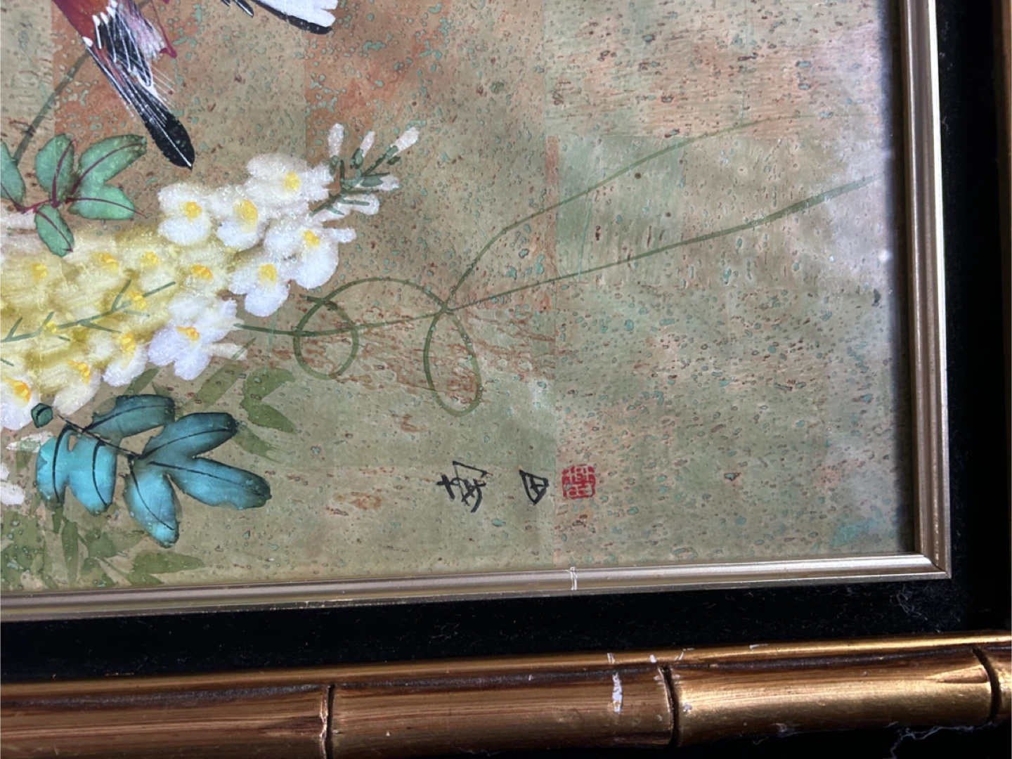 Vintage Framed Bird and Flower Painting
