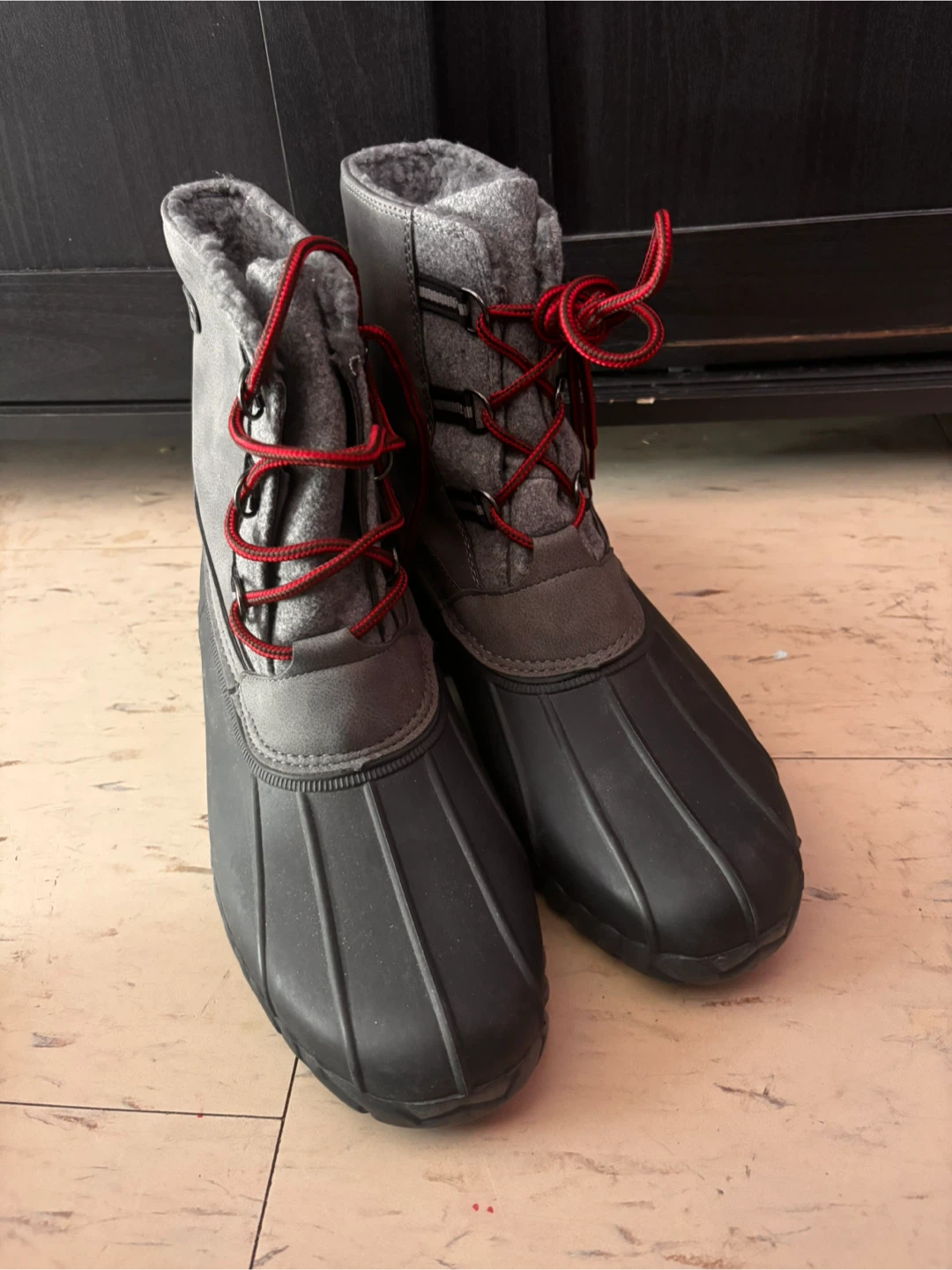 Grey and Black Duck Boots with Red Laces