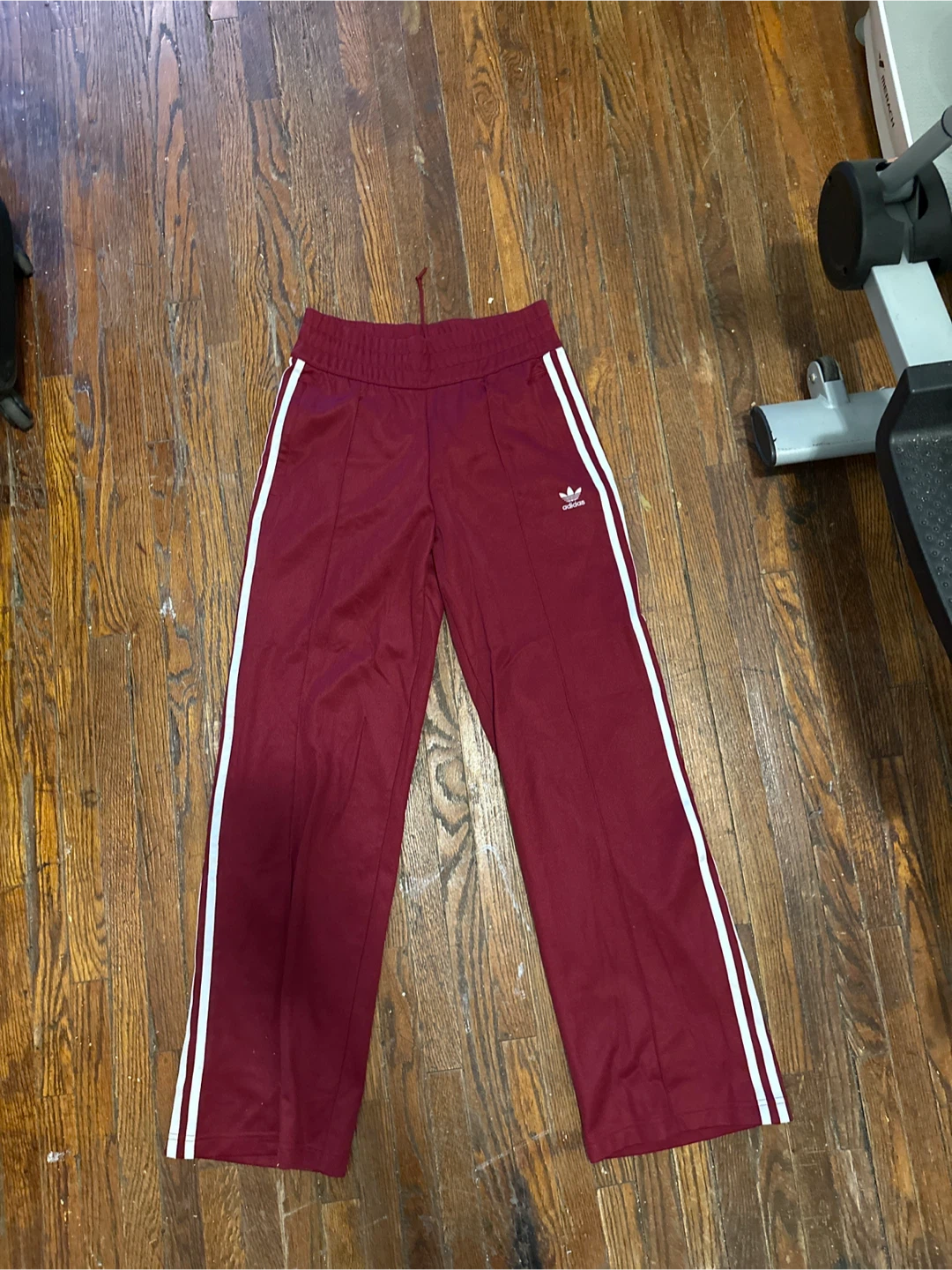 Adidas Burgundy Track Pants with White Stripes