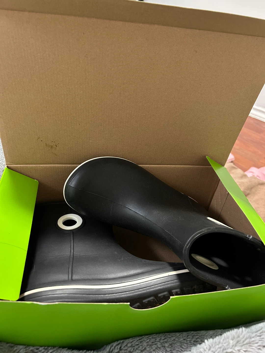 Crocs Black Rubber Rain Boots with White Trim