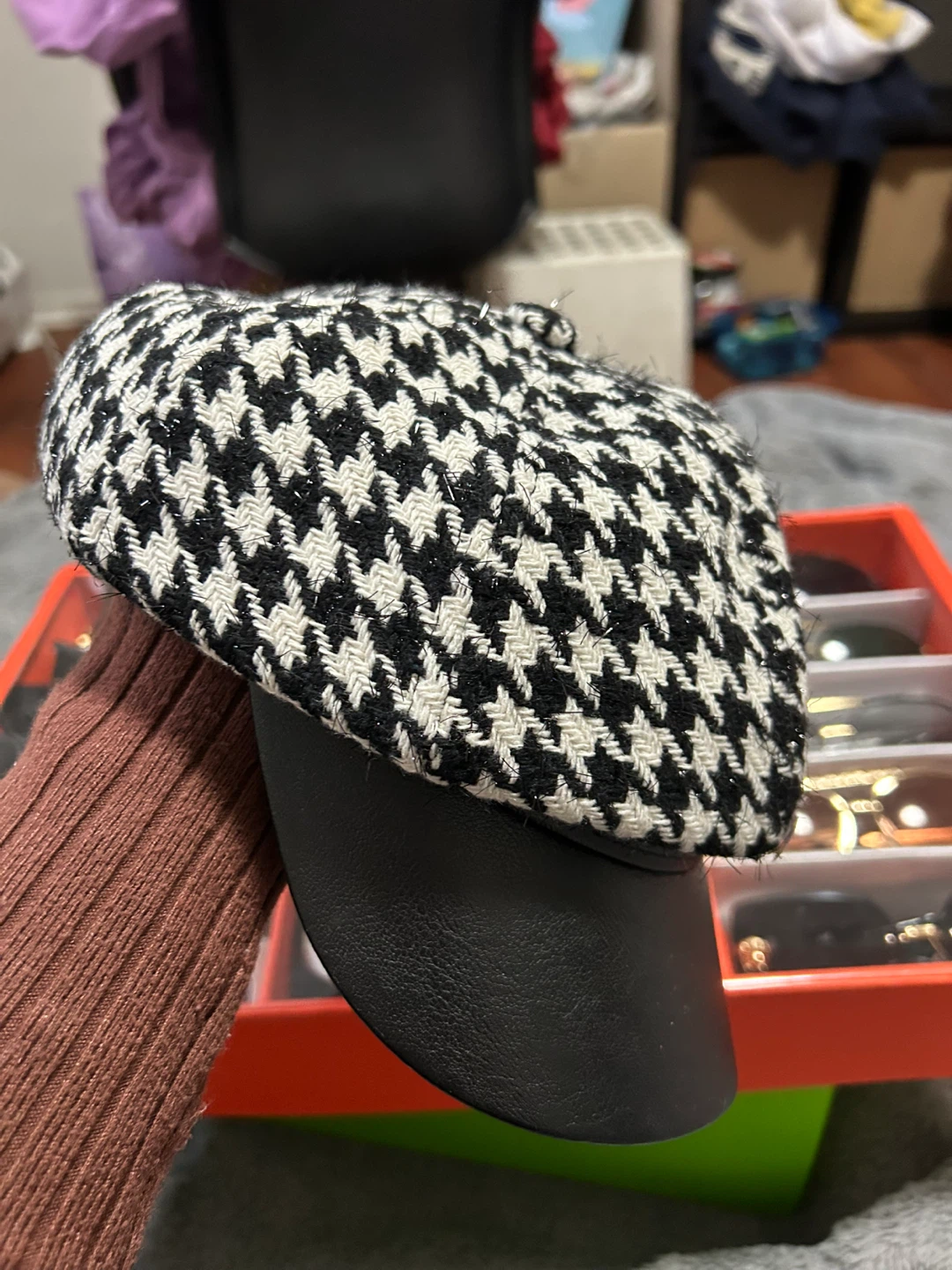 Houndstooth Baker Boy Hat with Faux Leather Bill - photo 2