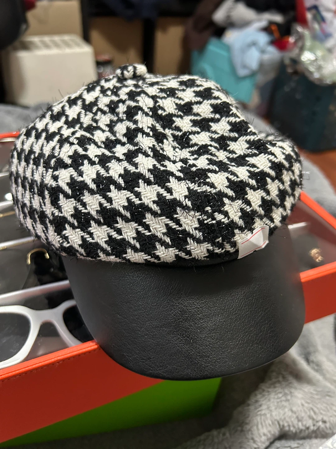 Houndstooth Baker Boy Hat with Faux Leather Bill