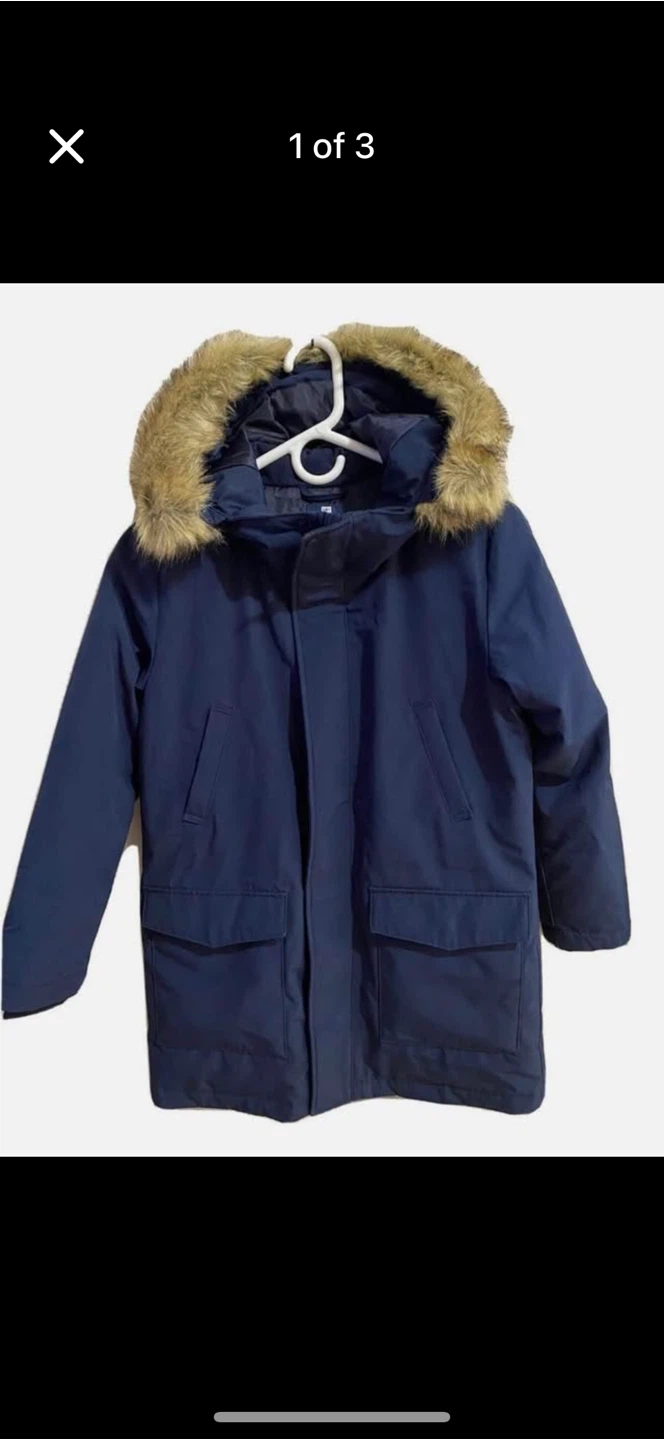 Uniqlo Navy Blue Hooded Parka Jacket with Faux Fur Trim