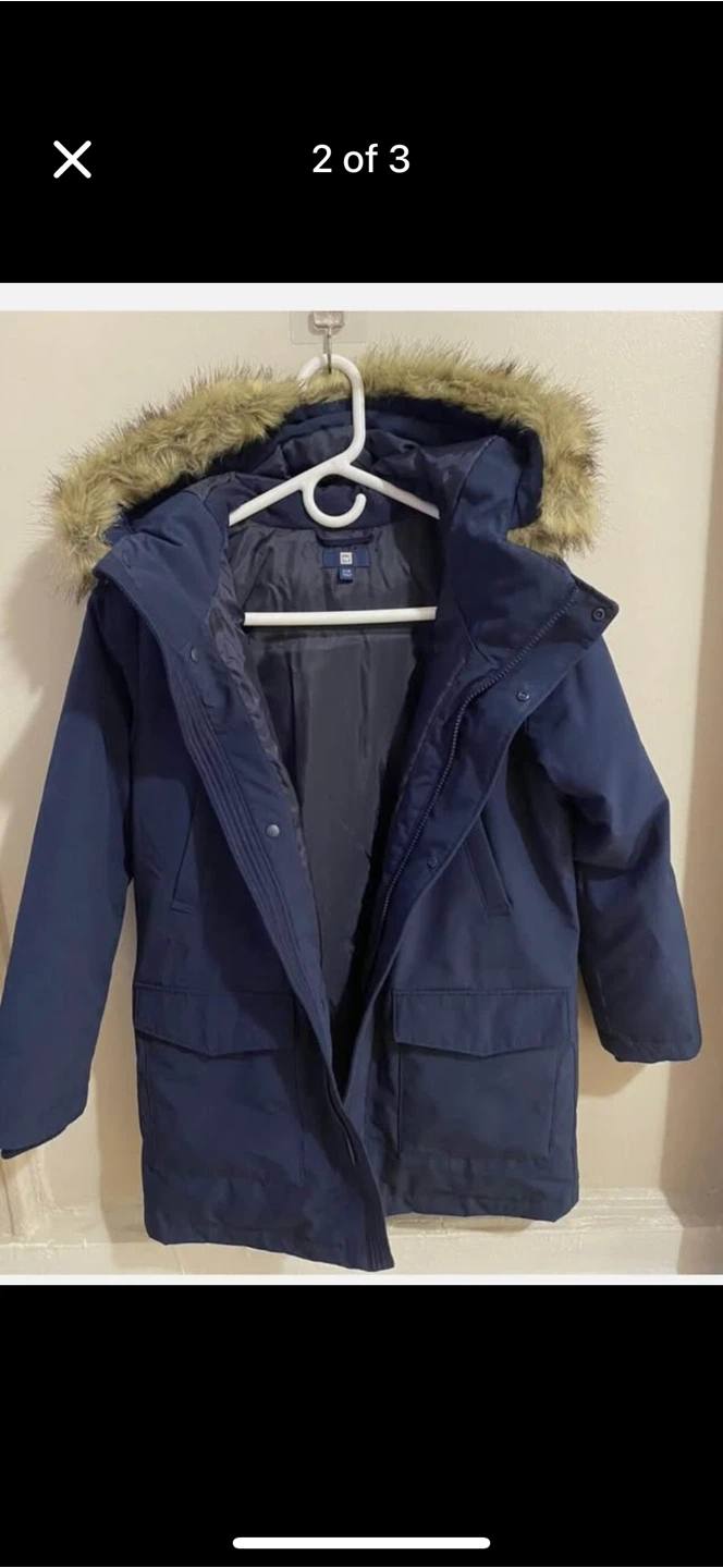 Uniqlo Navy Blue Hooded Parka Jacket with Faux Fur Trim - photo 2