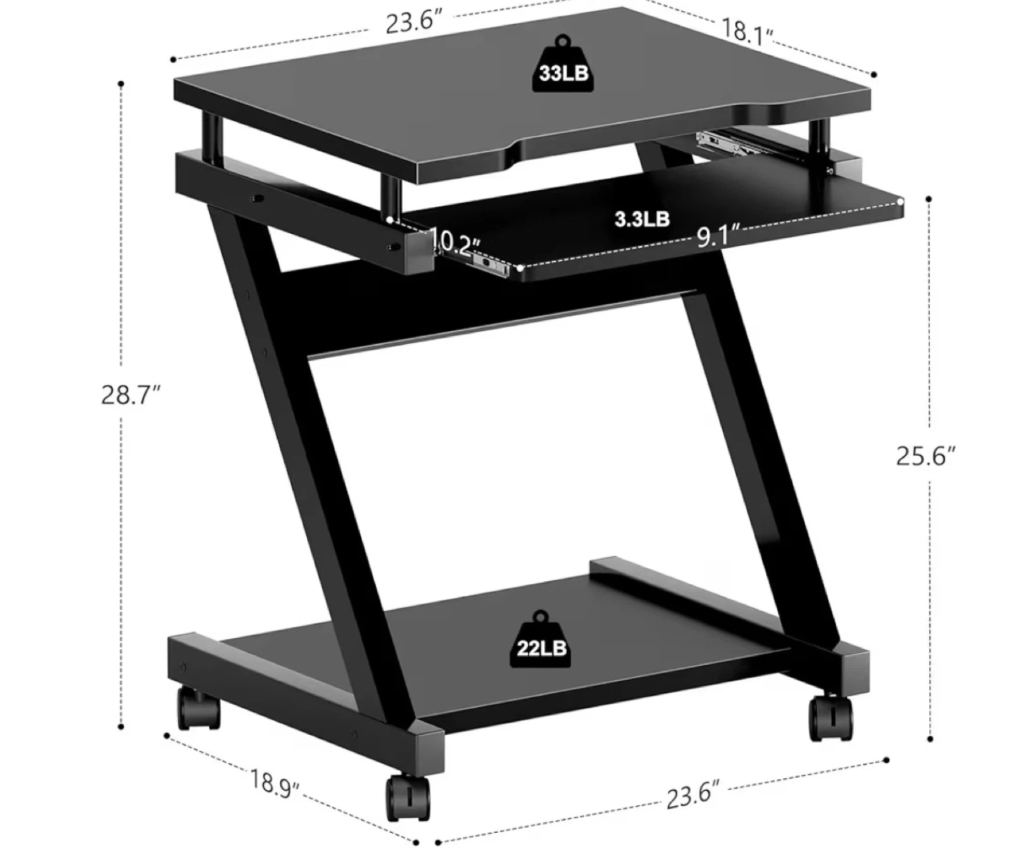 Black Z-Style Rolling Computer Desk with Keyboard Tray - photo 2