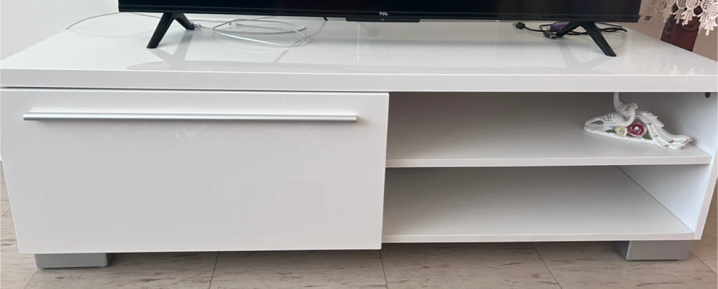 White TV Stand with Drawer and Shelves