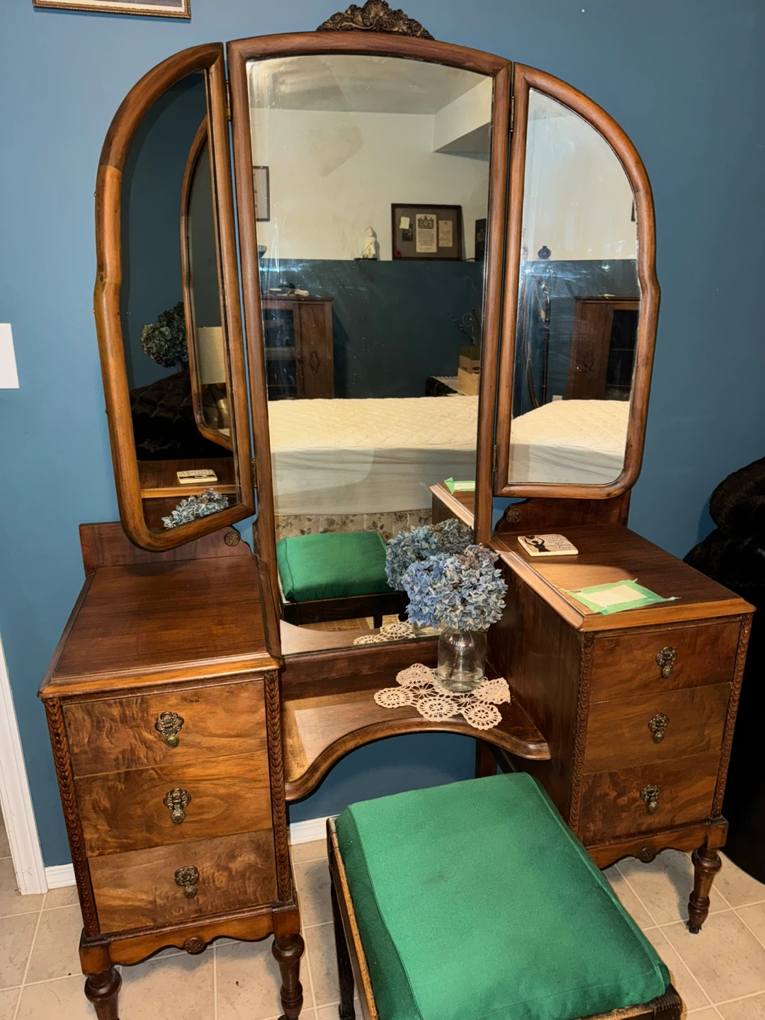 Vintage Tri-Fold Mirror Vanity Dresser with Stool