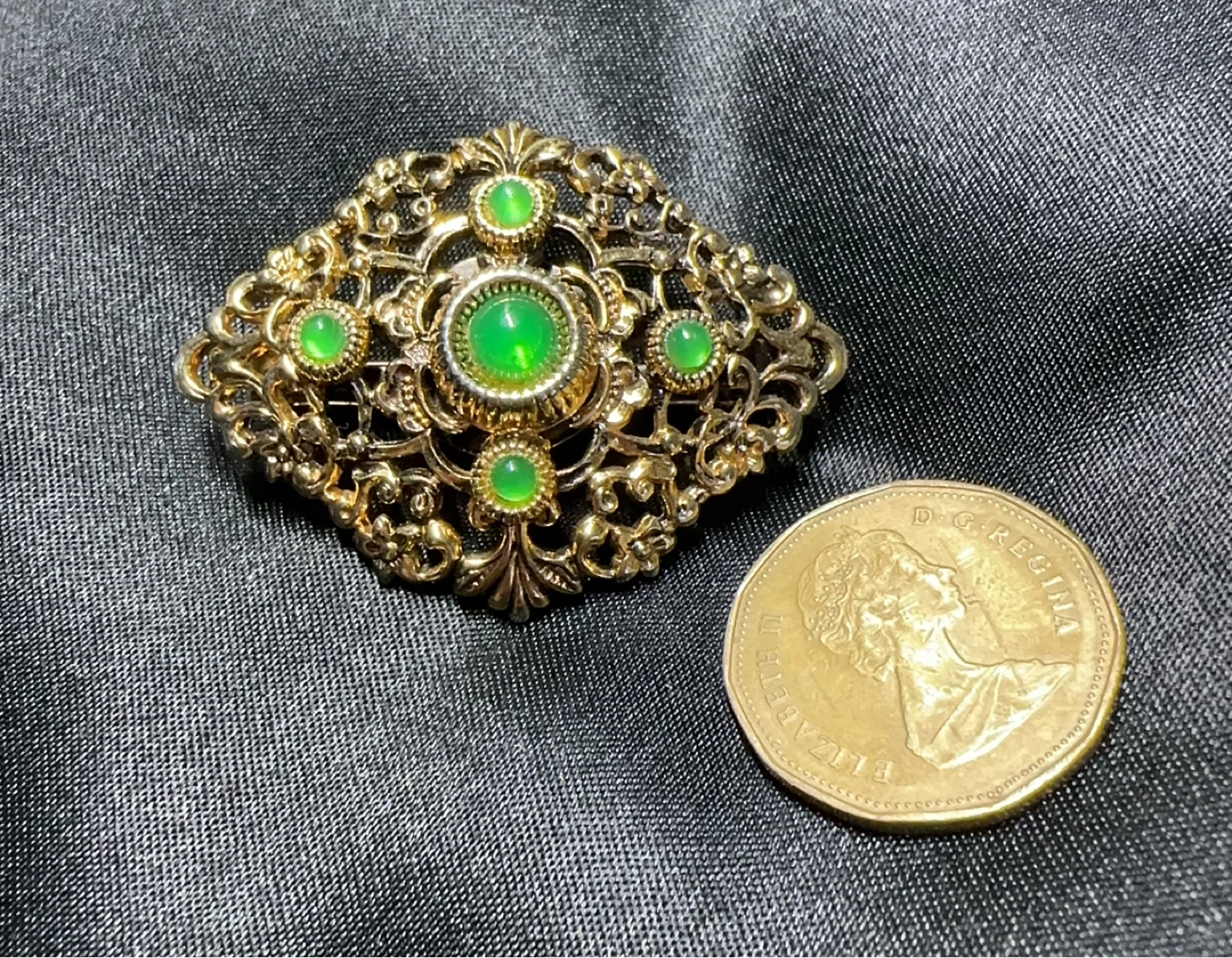 Vintage Victorian Style Gold Tone Brooch with Green Beads