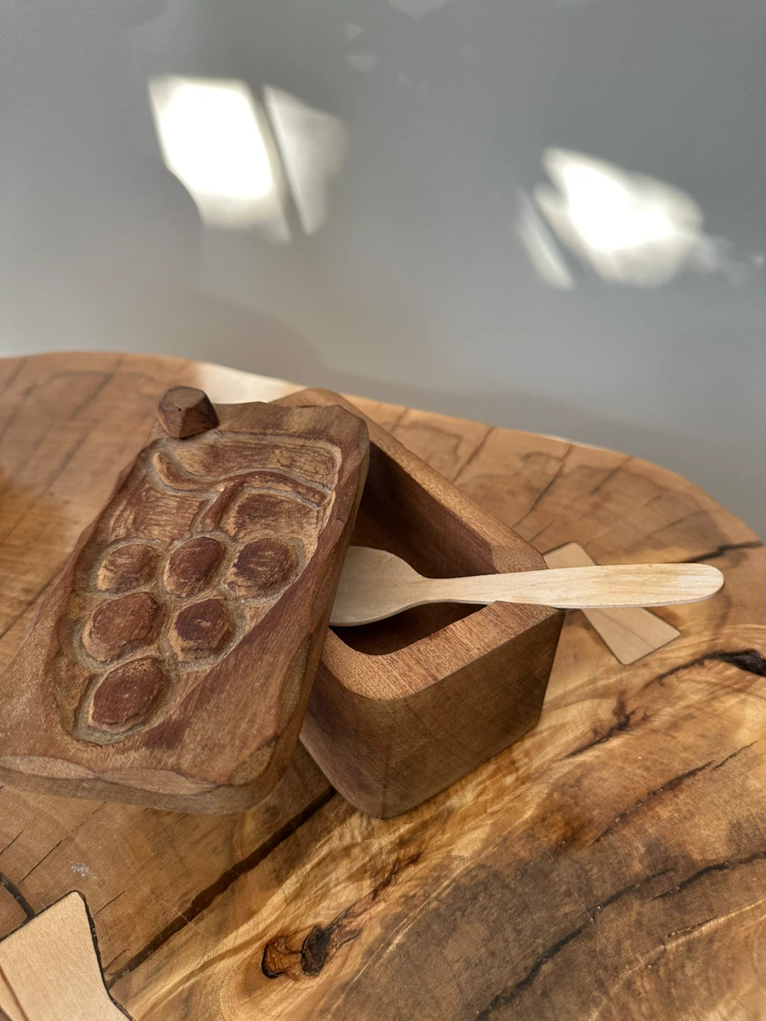 Hand Carved Wooden Butter Dish with Spoon