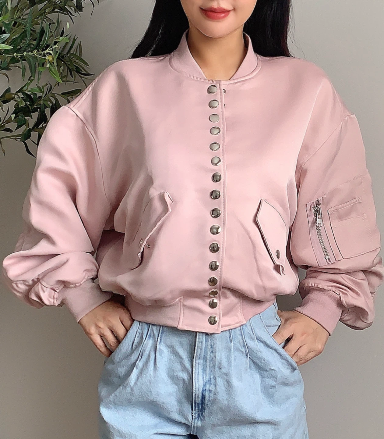 Pink Satin Oversized Bomber Jacket Size M