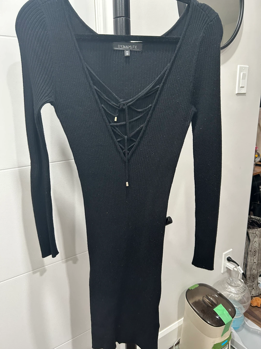 Dynamite Black Ribbed Lace-Up Dress
