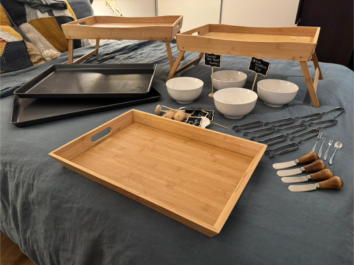 Bamboo Serving Tray Set with Baking Sheets and Dip Bowls