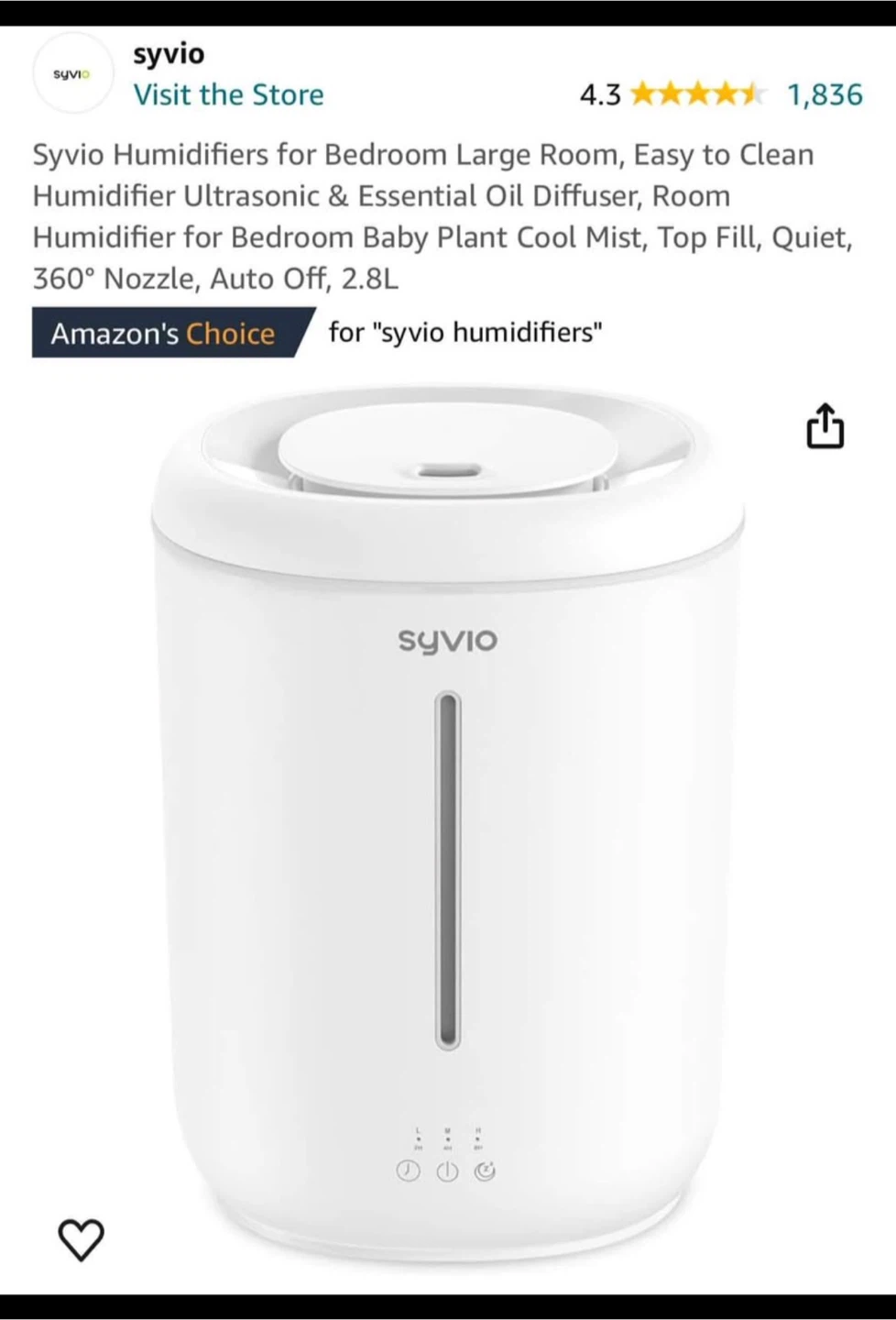Syvio 2.8L Ultrasonic Humidifier with Essential Oil Diffuser